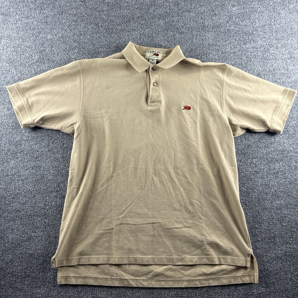 Perlis Polo Shirt Mens M Beige Crawfish Logo Short Sleeve Cotton Preppy